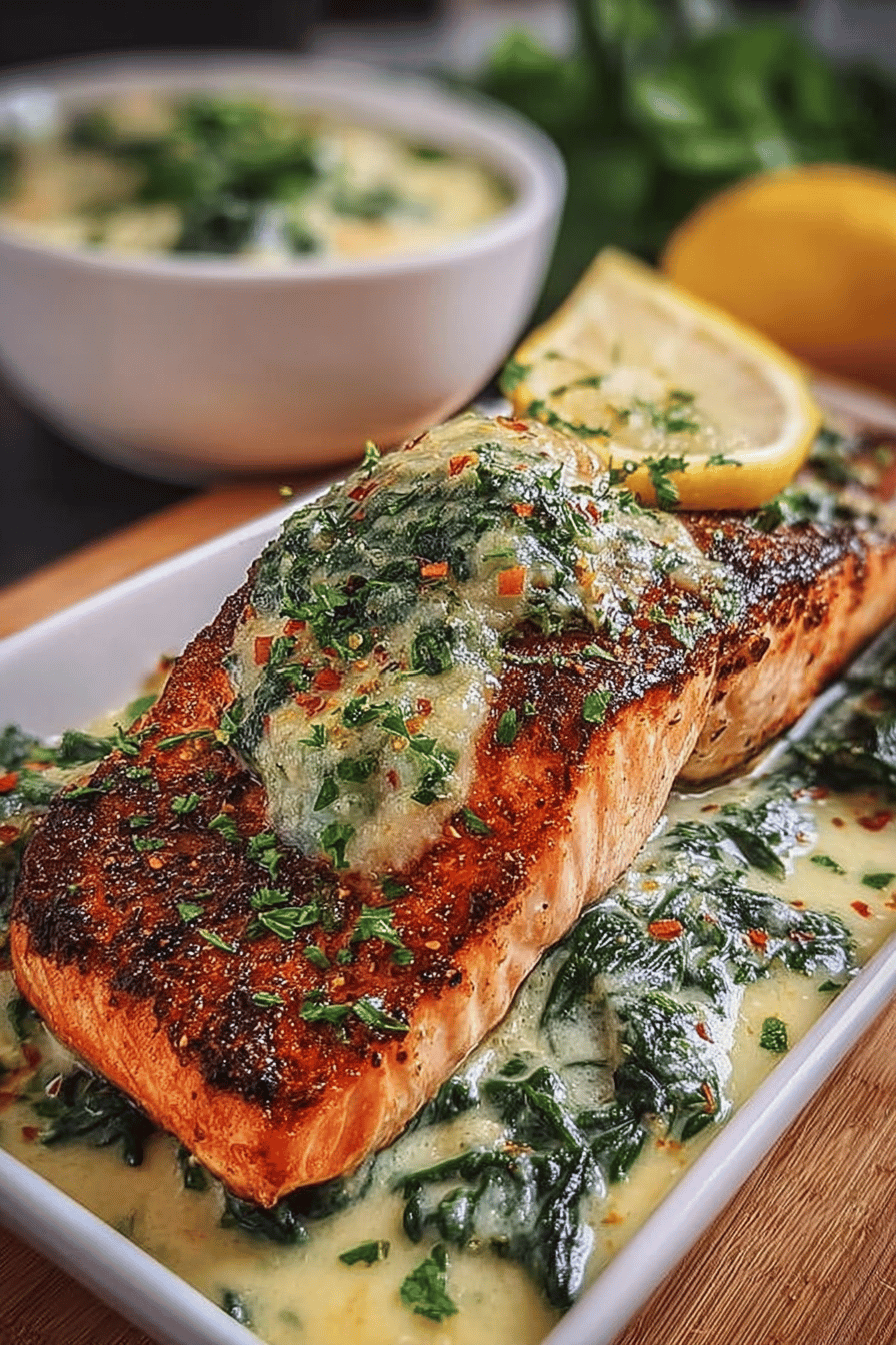 Baked Salmon Creamy Spinach