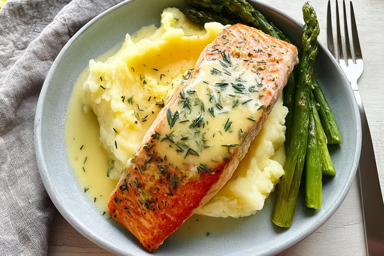 Garlic Herb Buttery Mash Salmon Lemon Butter Sauce